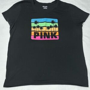 EUC Women PINK Victoria's Secret Black Tee with Colorful Palm Graphic Size Large